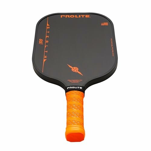 Pickleball paddle with orange handle and black face.