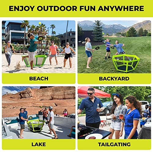 People enjoying outdoor games at the beach, backyard, lake, and tailgating.