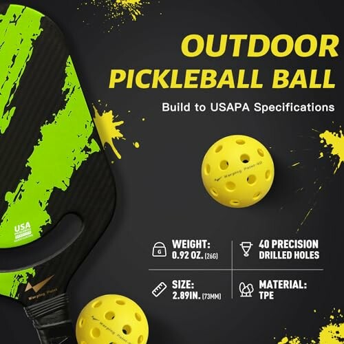 Pickleball paddle and ball with specifications.