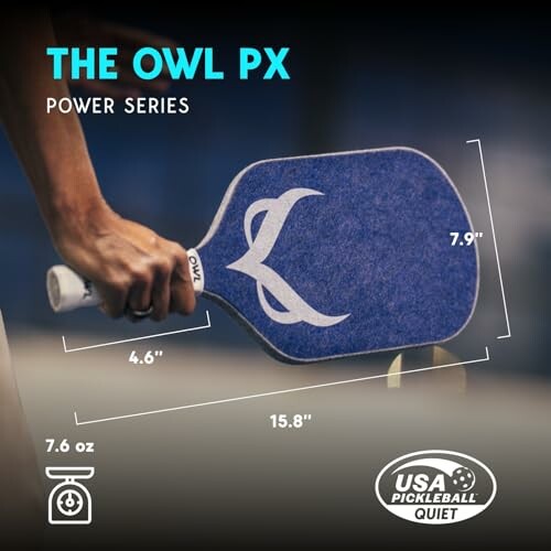 The Owl PX pickleball paddle with dimensions and weight.