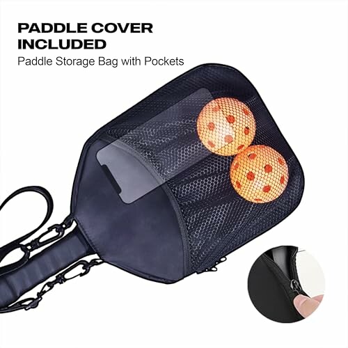 Paddle cover with storage bag and pockets, containing two orange balls.