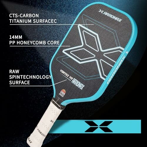 Pickleball paddle with highlighted features including CTS-Carbon Titanium Surface, 14mm PP Honeycomb Core, and Raw SpinTechnology Surface.