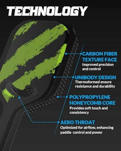 Paddle technology features: carbon fiber face, unibody design, polypropylene core, aero throat.