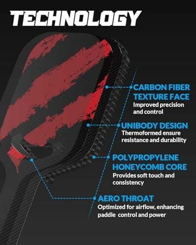 Paddle with carbon fiber face, unibody design, polypropylene core, and aero throat.