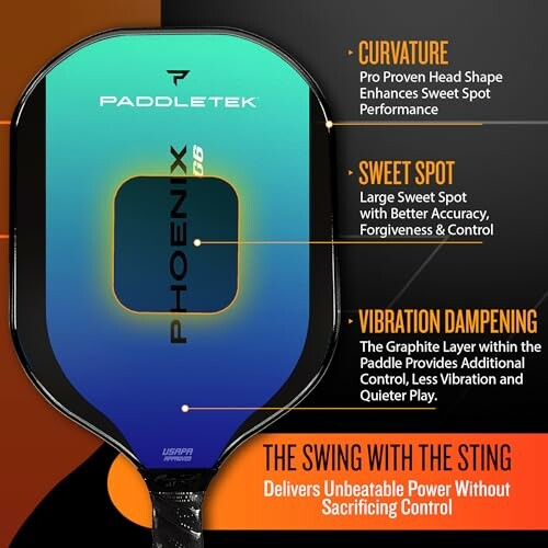 Paddletek Phoenix pickleball paddle with features highlighted: curvature, sweet spot, and vibration dampening.