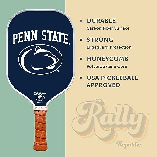 Penn State pickleball paddle with features listed.