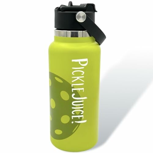 Green water bottle with 'Pickle Juice!' text and polka dot design