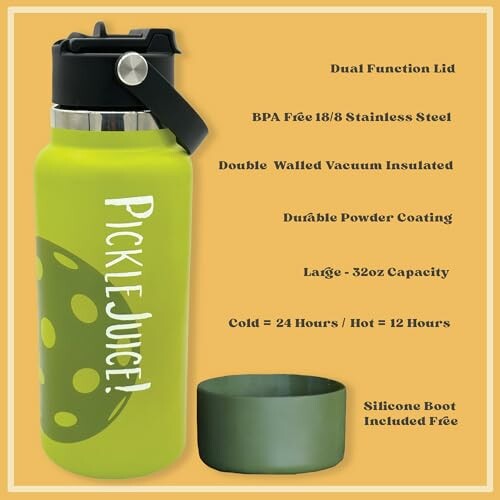 Green insulated water bottle with features listed.