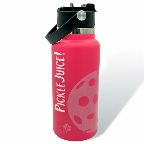 Pink water bottle with Pickle Juice! text and pickleball design