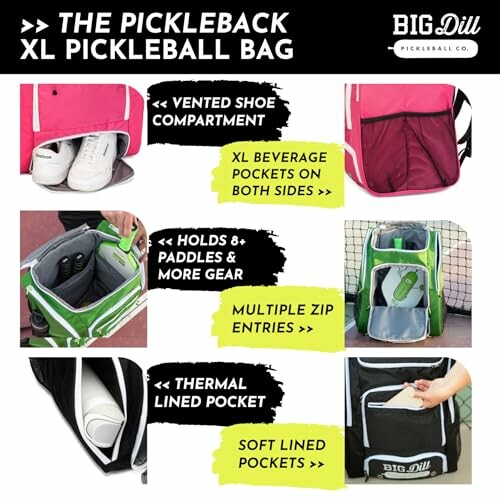 Features of the Pickleback XL Pickleball Bag including vented shoe compartment, XL beverage pockets, paddle and gear space, multiple zip entries, thermal pocket, and soft lined pockets.