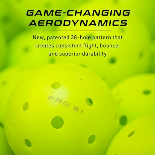 Yellow pickleballs with 38-hole pattern for enhanced flight and durability.