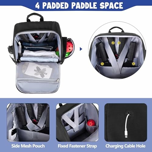 Pickleball backpack with padded paddle space and multiple compartments.