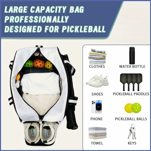 Open pickleball bag showing contents like clothes, shoes, paddles, balls, towel, water bottle, phone, and keys.