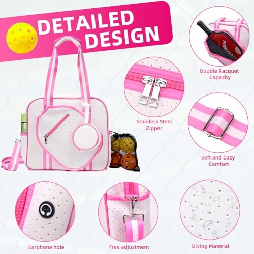 Detailed design of a pickleball bag with features including double racquet capacity, stainless steel zipper, soft comfort, earphone hole, adjustable strap, and diving material.