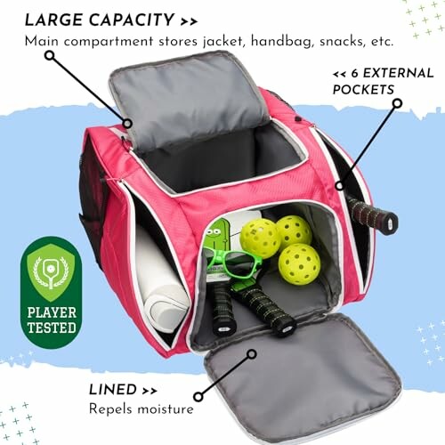 Pickleball bag with large capacity and multiple pockets, containing paddles and balls.