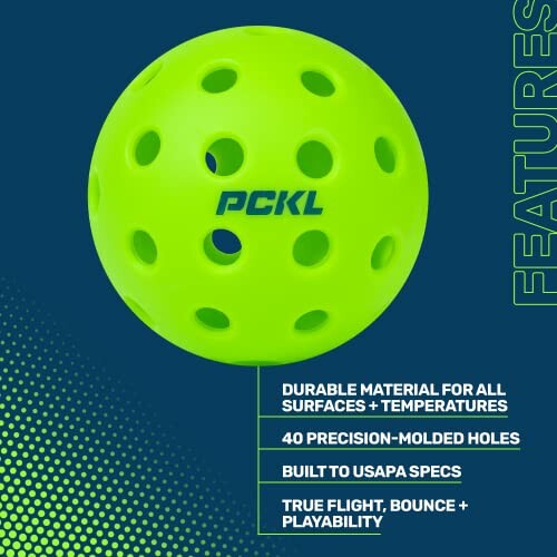 Green pickleball with features listed.