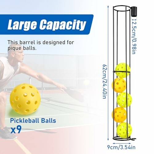 Pickleball ball holder with capacity details and player in action.