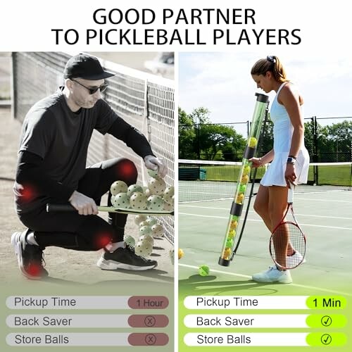 Comparison of two people using different pickleball ball pickers.