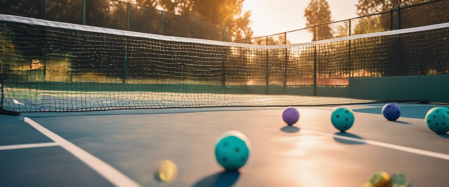 Pickleball balls on a court