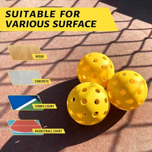 Yellow pickleball balls on a court surface with text indicating suitability for wood, concrete, tennis, and basketball courts.