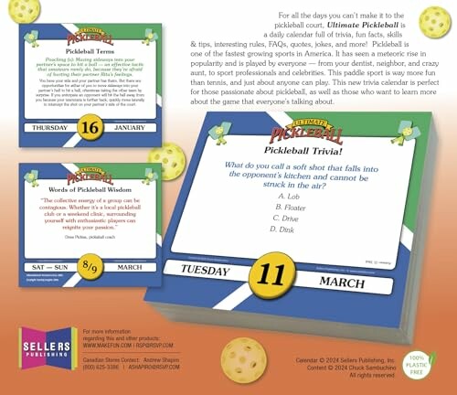 Pickleball calendar with trivia and terms.