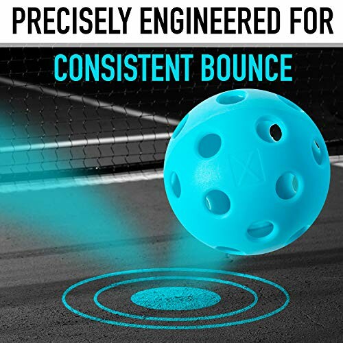 Blue pickleball on court with text 'Precisely engineered for consistent bounce'.