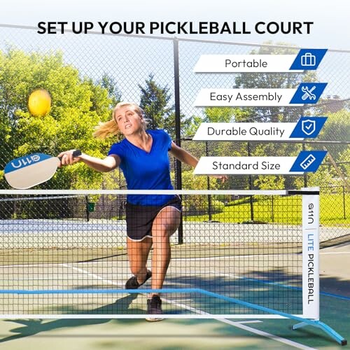 Woman playing pickleball with setup instructions.