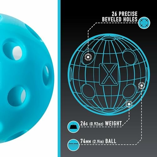 Blue pickleball with diagram highlighting 26 beveled holes and specifications.