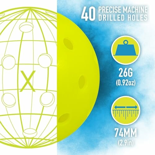 Illustration of a pickleball with 40 drilled holes, 26 grams weight, and 74mm diameter.