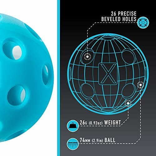 Diagram showing a blue pickleball with specifications including 26 holes, 26g weight, and 74mm diameter.