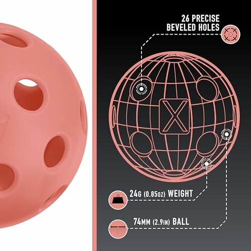 Diagram of a pickleball with 26 beveled holes, weight 24g, size 74mm.