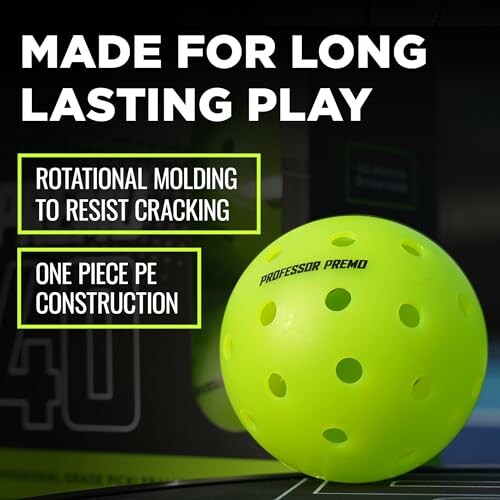 Yellow pickleball with text highlighting durability features.