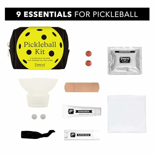 Pickleball essentials kit with various items including deodorant, sunscreen, and a bandage.