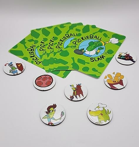 Pickleball game cards and tokens with cartoon designs.