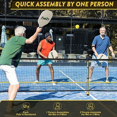 Three people playing pickleball on a court with a net, featuring quick assembly instructions.