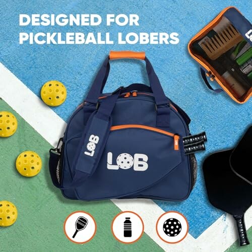 Pickleball bag and equipment on court.