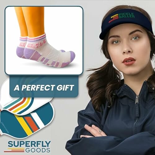 Woman in visor with socks, labeled a perfect gift.