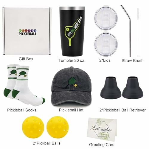 Pickleball gift set with tumbler, retrievers, hat, socks, balls, and greeting card.