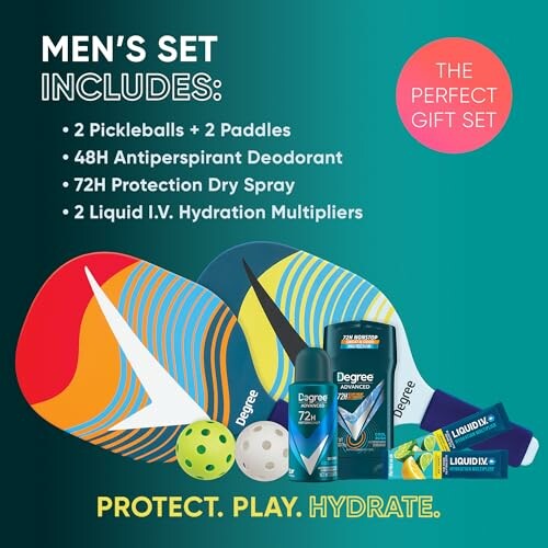 Men's pickleball gift set with paddles, pickleballs, deodorant, dry spray, and hydration multipliers.