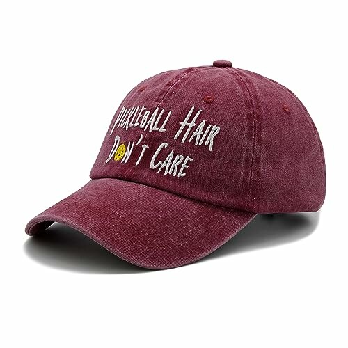 Maroon cap with 'Pickleball Hair Don't Care' text.