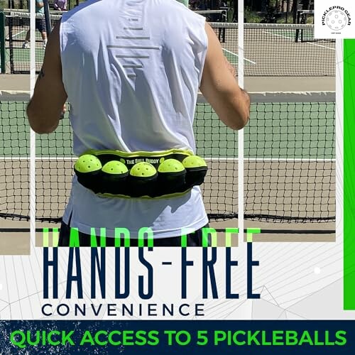 Person wearing a belt holding pickleballs on a court