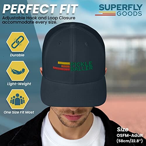 Pickleball hat with adjustable fit and logo.