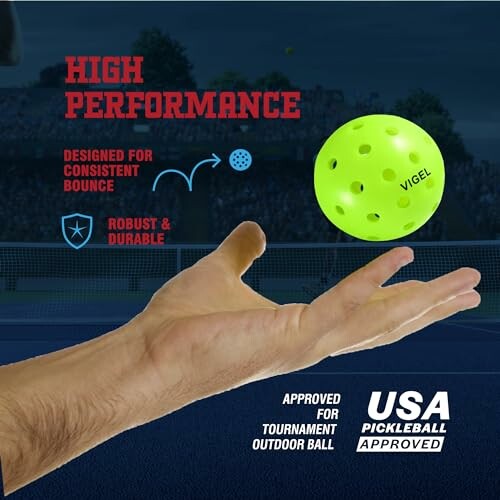 Hand holding a yellow pickleball with text about high performance and USA Pickleball approval.