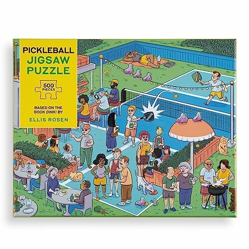 Illustrated pickleball-themed jigsaw puzzle box cover with people playing and socializing.