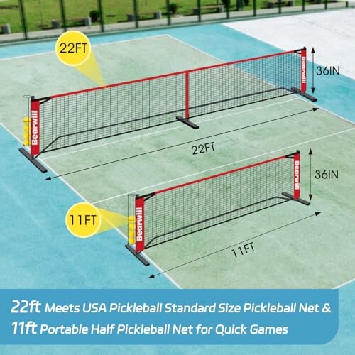 Pickleball nets showing standard and half sizes on a court.