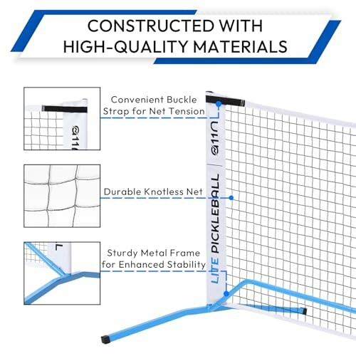 Diagram showing features of a pickleball net including buckle strap, knotless net, and sturdy metal frame.