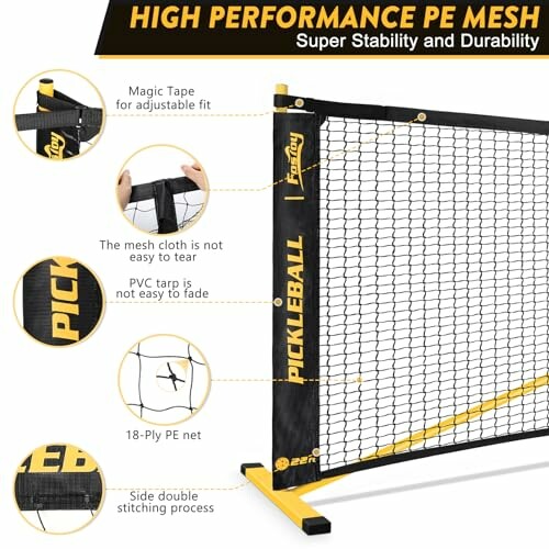 Diagram showing features of a high-performance pickleball net with PE mesh and stability enhancements.