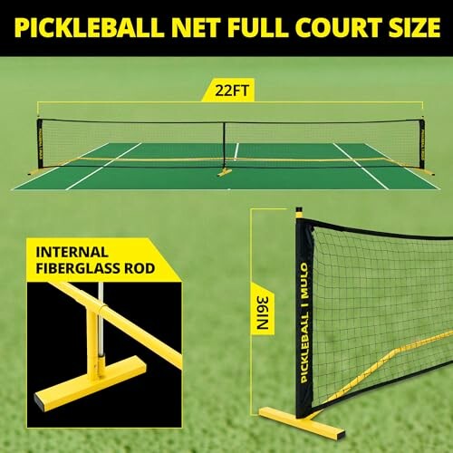 Diagram showing full-size pickleball net with dimensions and internal fiberglass rod.