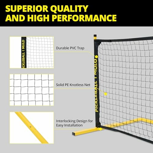 Pickleball net highlighting superior quality, durable PVC trap, solid PE knotless net, and easy installation design.