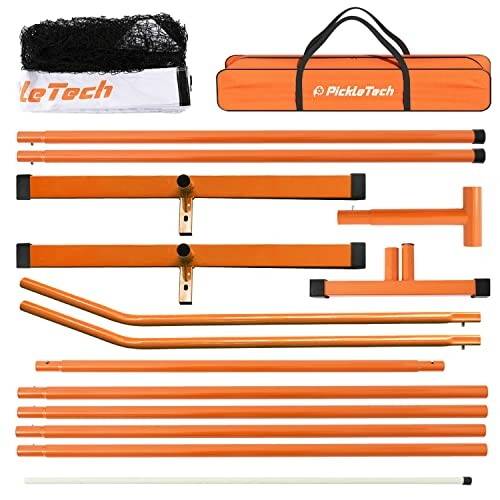 Portable pickleball net set with orange frame and carrying case.